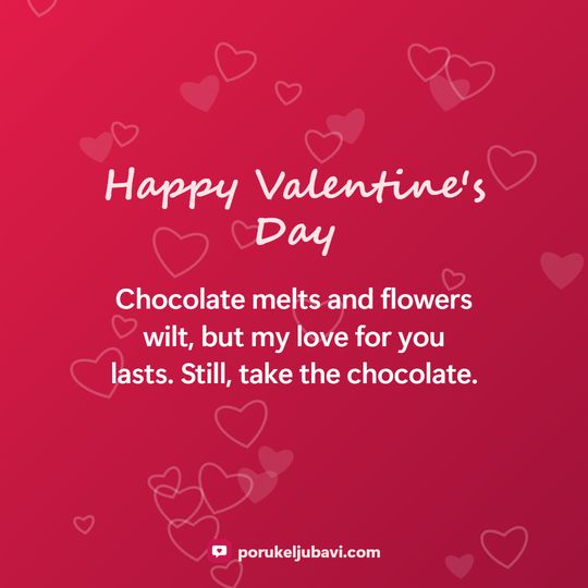 Happy Valentine's Day: Chocolate melts and flowers wilt, but my love for you lasts. Still, take the chocolate.