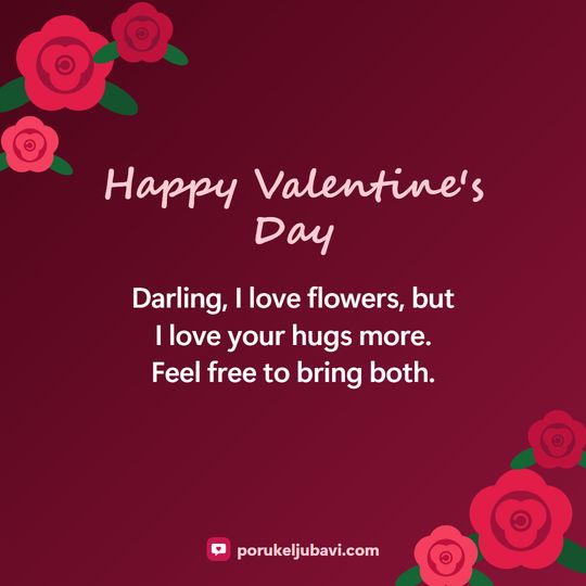 Happy Valentine's Day: Darling, I love flowers, but I love your hugs more. Feel free to bring both.